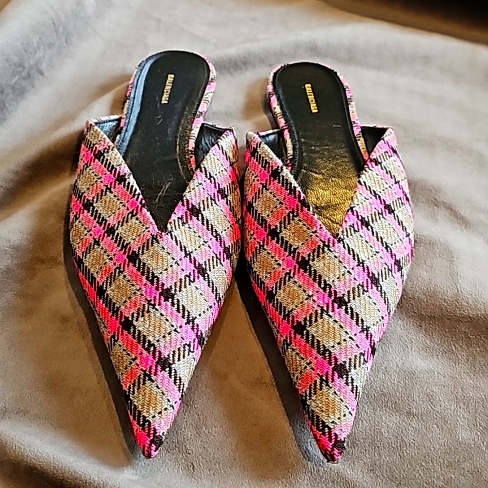 Balenciaga Pink Check Print Knife 50 Wool Mule Pumps 38 orig.$950